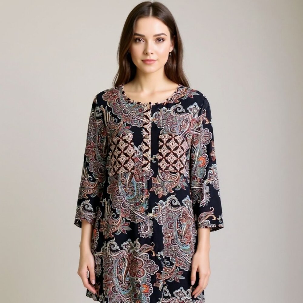 Anthropologie Fig and Flower Boho Mix Pattern Button Tunic Top Size Large
